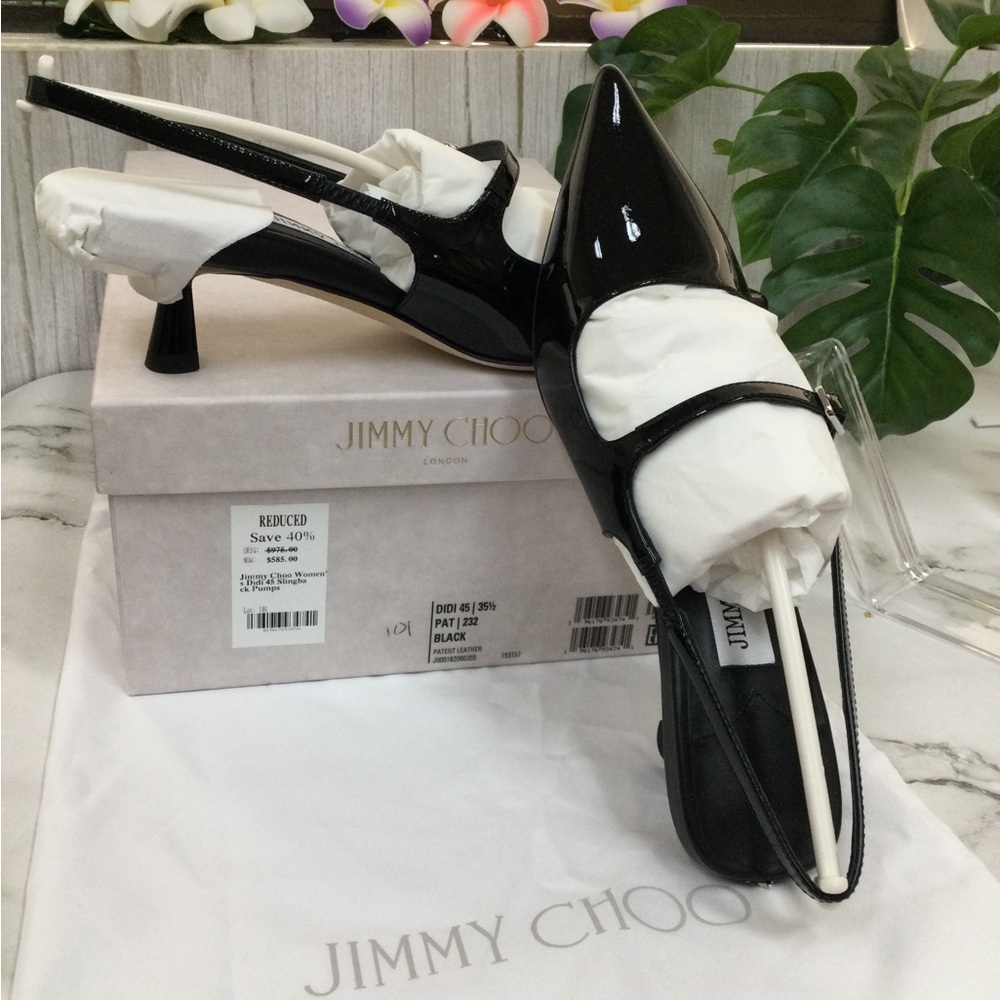 NIB Jimmy Choo Black Patent Slingback Pointed-Toe Pumps